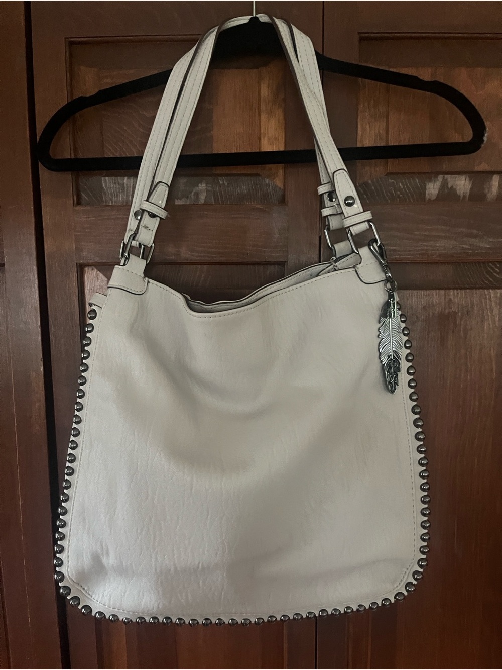 Jessica Simpson Grey Shoulder Bag with Feather Charm and Stud Trim
